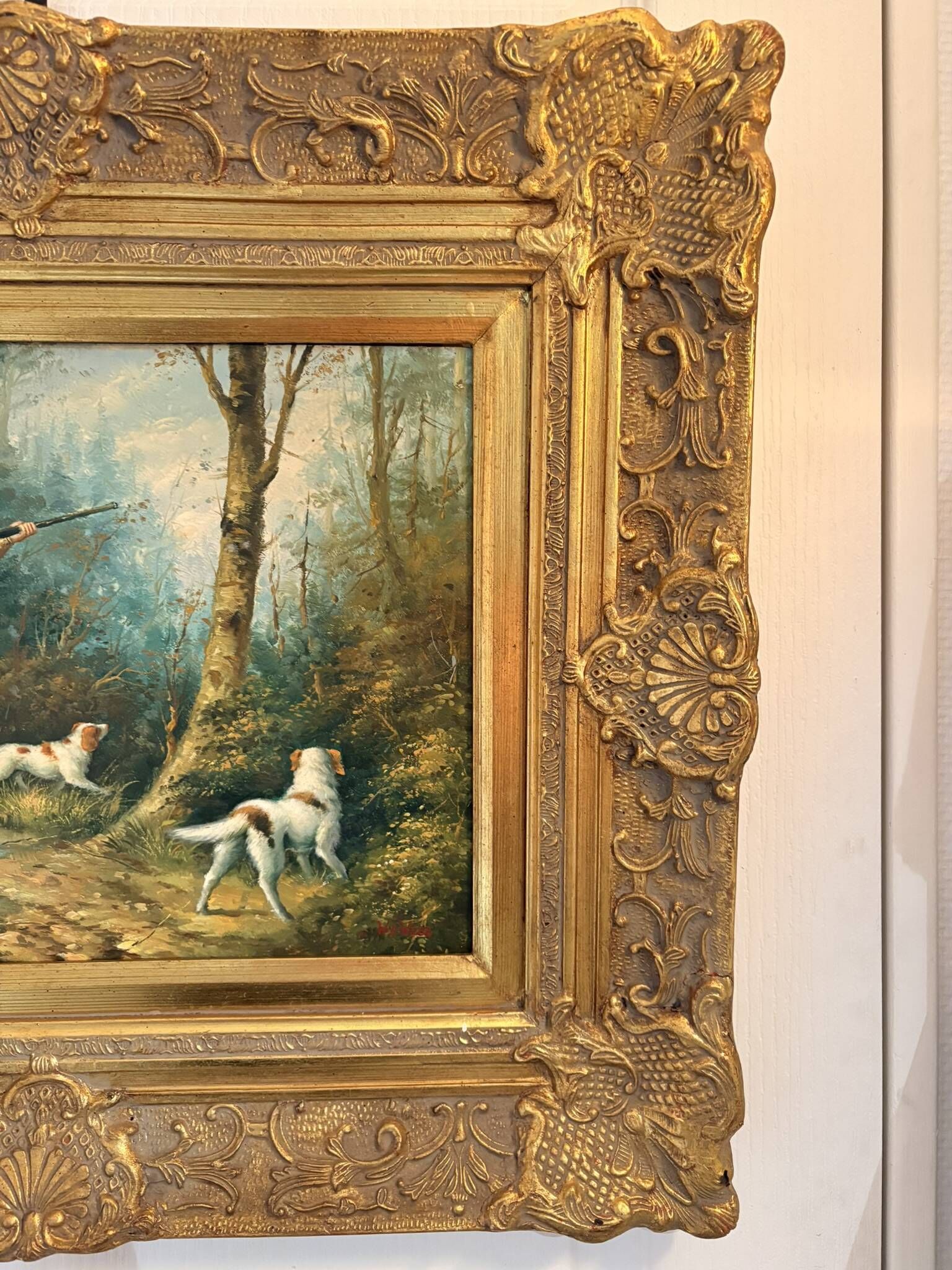 Tableau Peinture Huile Panneau HSP EDWARD WEBB Chasse Cour Chien Forêt