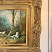 Tableau Peinture Huile Panneau HSP EDWARD WEBB Chasse Cour Chien Forêt