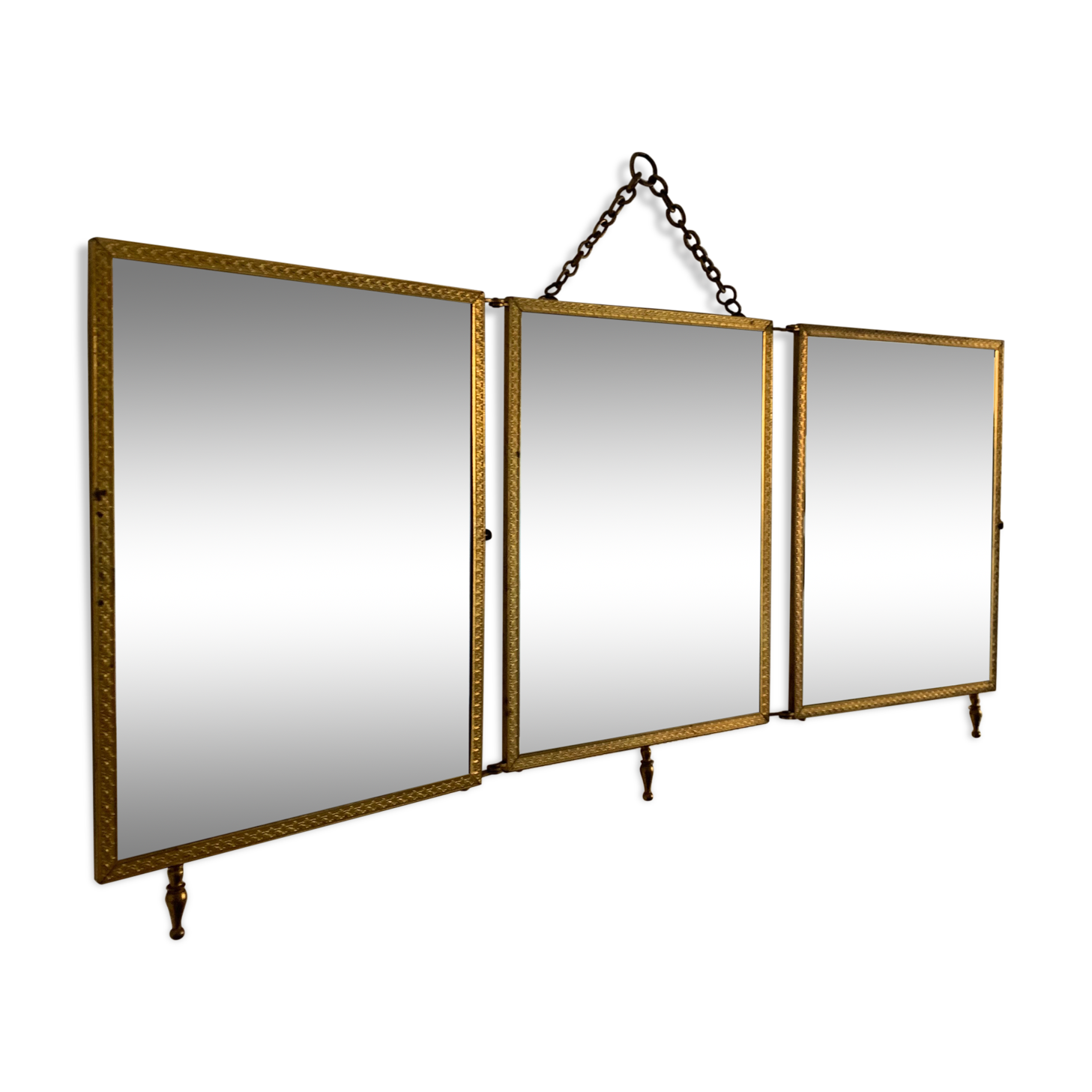 Vintage mirror 1900 triptych barber brass chiseled - 27 x 58 cm