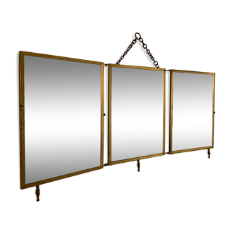 Vintage mirror 1900 triptych barber brass chiseled - 27 x 58 cm