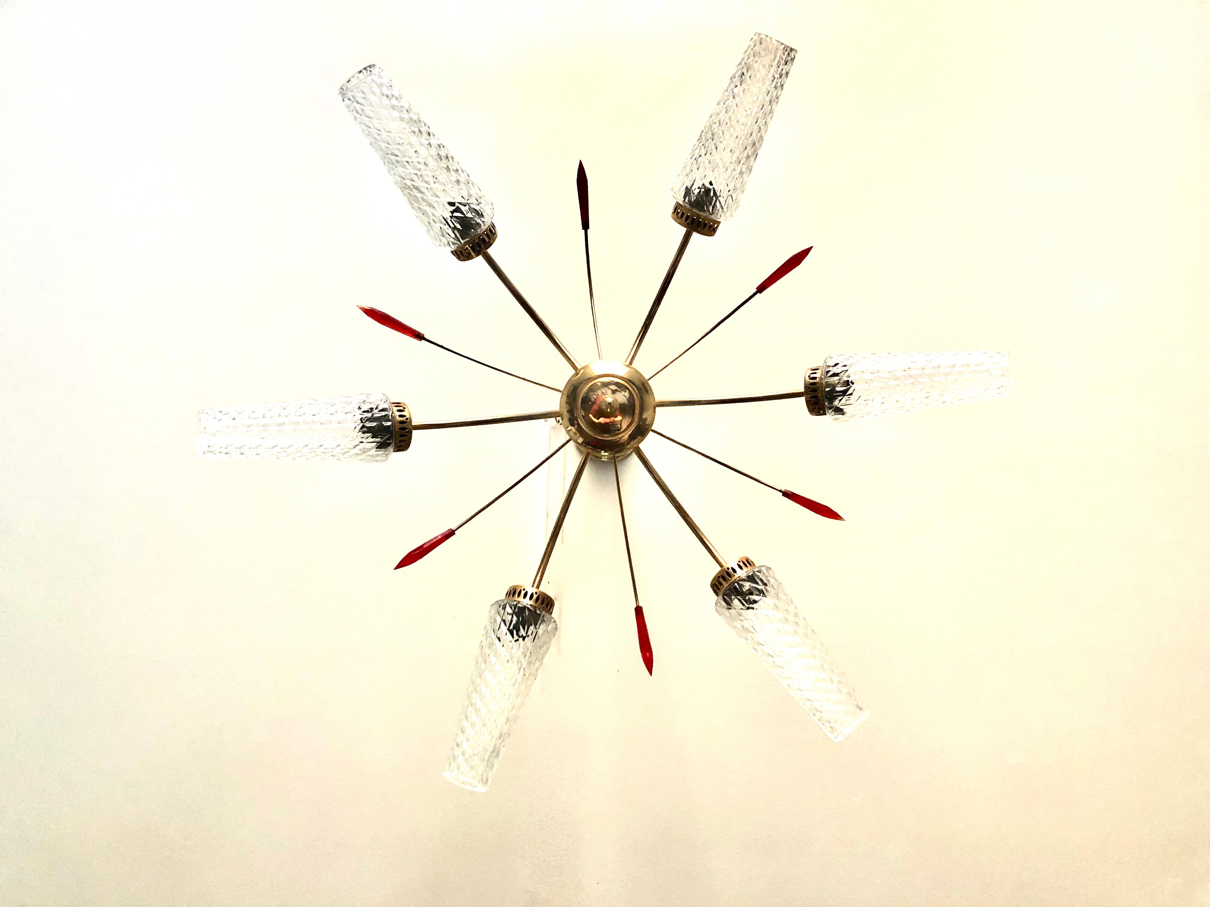Golden brass chandelier 6 tulips red diamond tips 1950