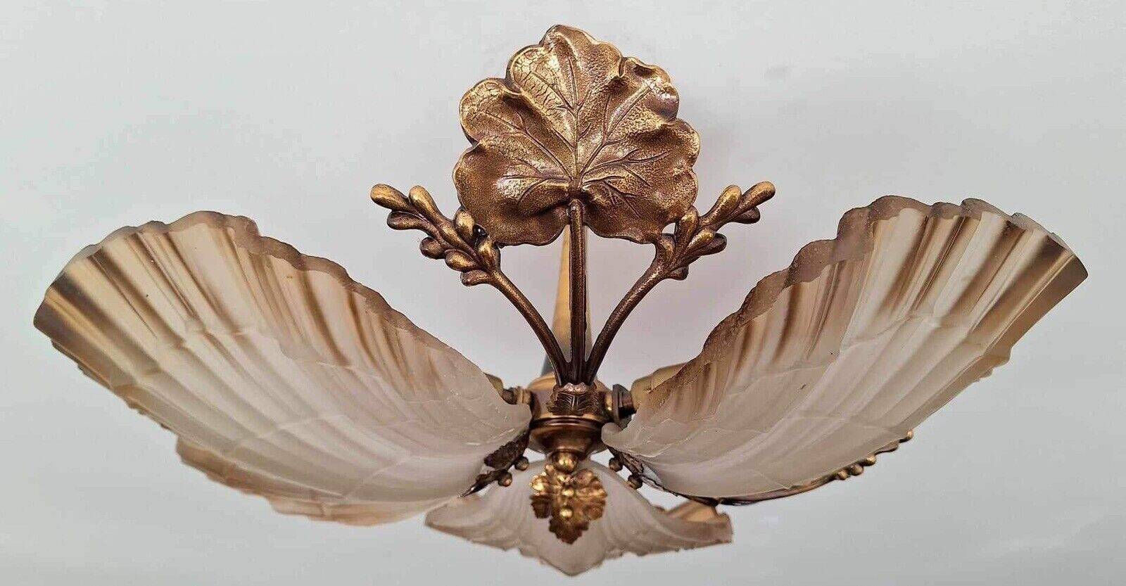Art Deco ceiling chandelier in bronze and glass paste, old vintage light fixture dimensions 45x45