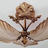 Art Deco ceiling chandelier in bronze and glass paste, old vintage light fixture dimensions 45x45