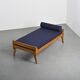 Wooden bench with midnight blue fabric, France, circa 1955