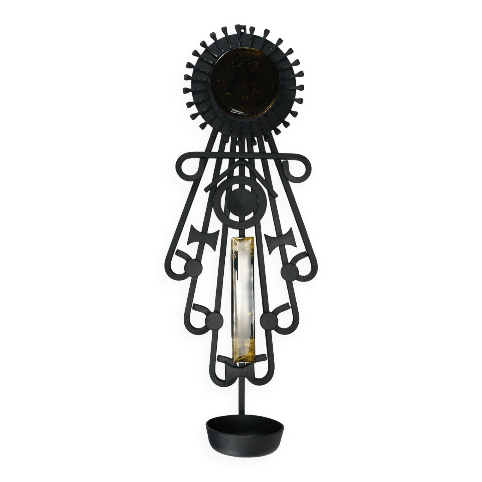 1960s Dantoft Brutalist Wrought Iron & Glass Wall-Hanging Candleholder