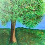 Tableau huile sur toile paysage église pointillisme ancien