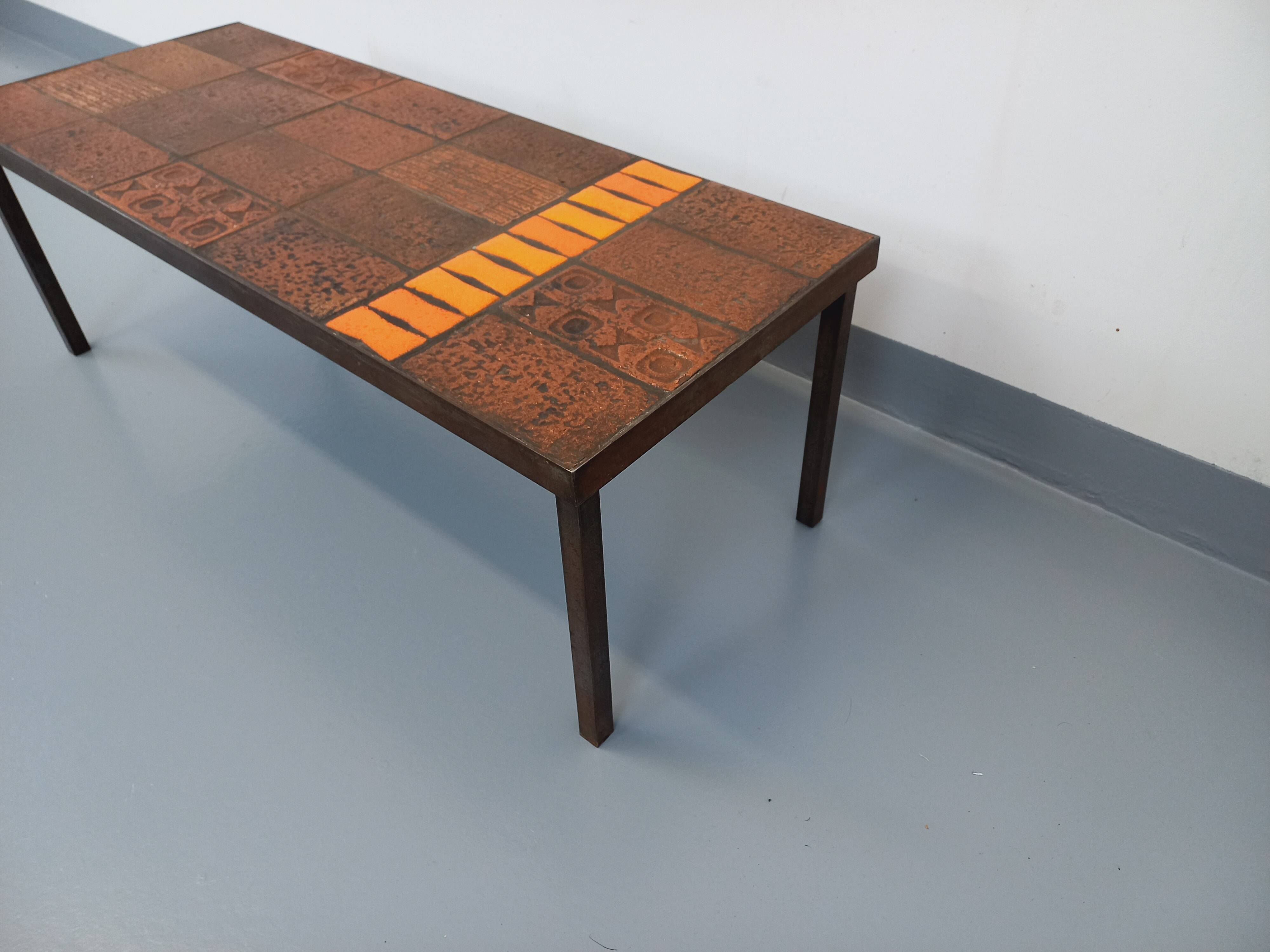 Vintage rectangular coffee table by Jean Jaffeux in steel and ceramic from the 60s
