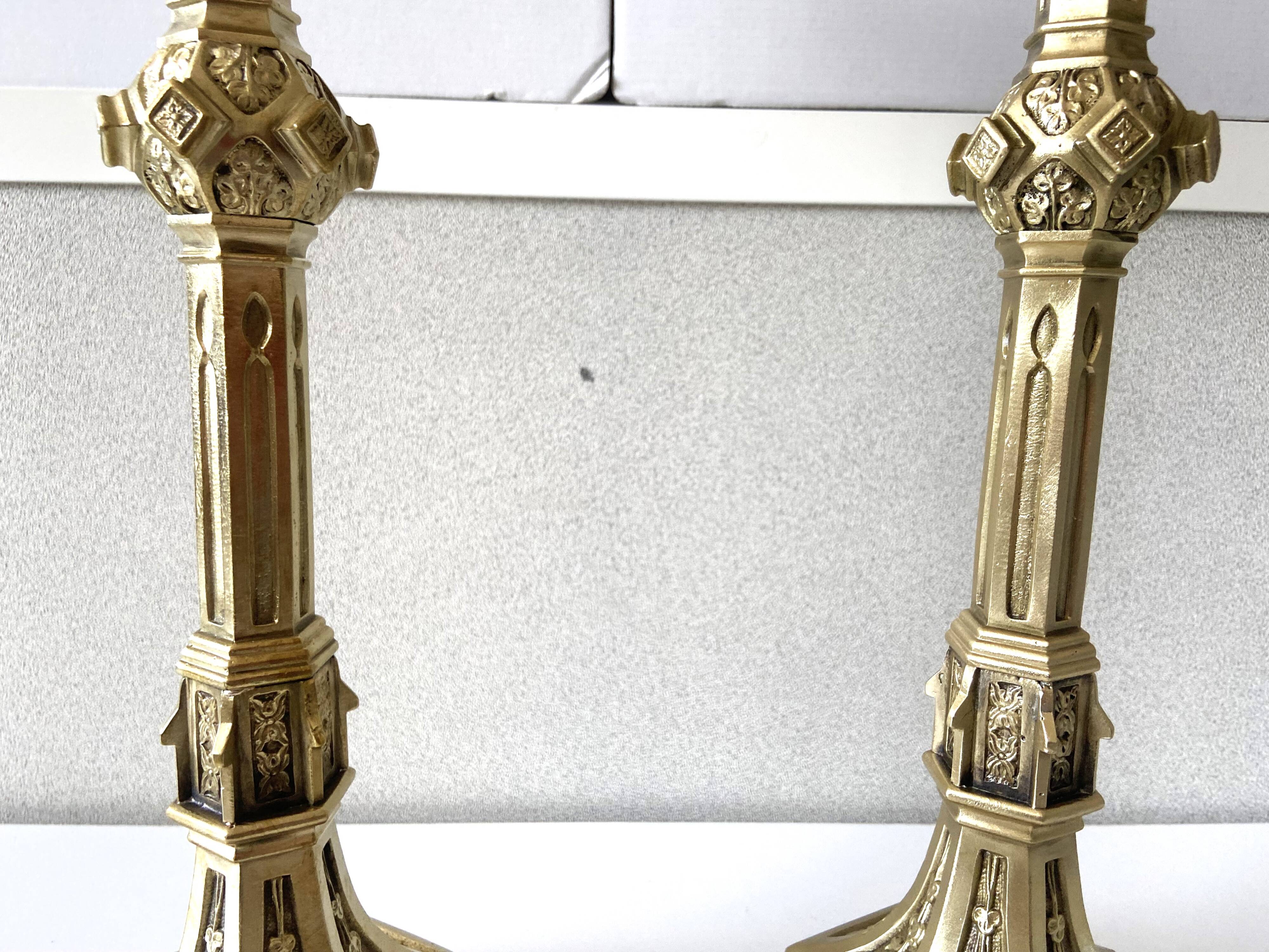 Pair of Antique Gothic Revival Candle Holders in Gold Bronze