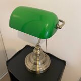 Lampe de banquier ancienne en bronze et opaline verte, Art Déco
