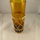 Carafe and 5 glasses set, amber glass and woven wicker, bohemian chic