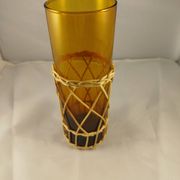 Carafe and 5 glasses set, amber glass and woven wicker, bohemian chic