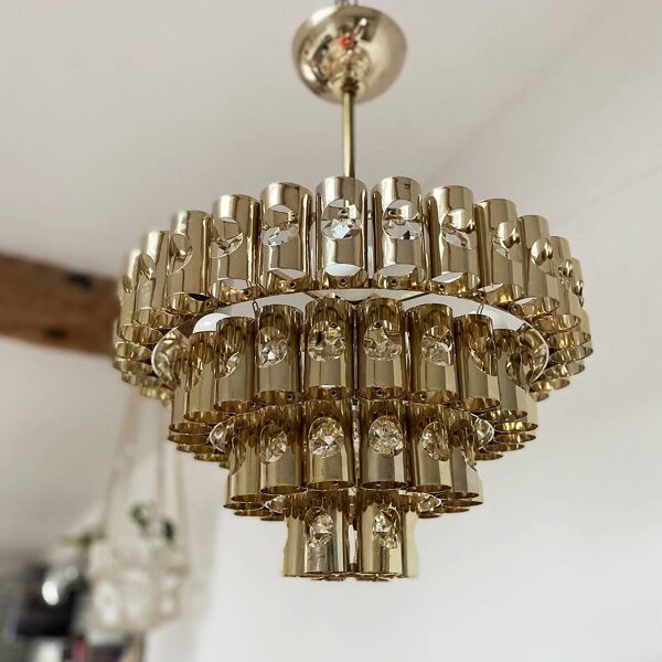 Lustre en tubes de laiton des années 60, attribué à Sciolari