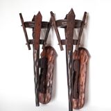 Pair of brutalist wood candle holders