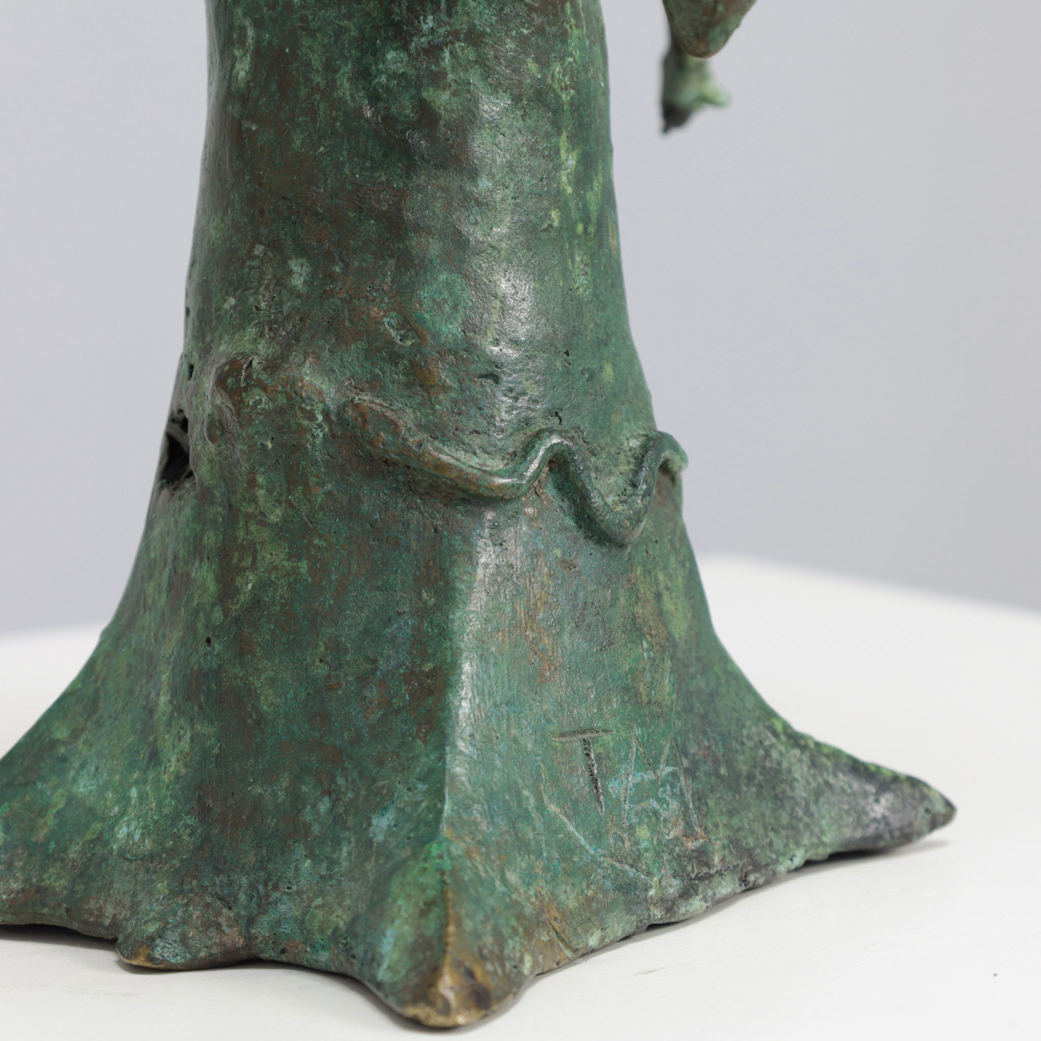 Patinated bronze baobab tree sculpture with birds, signed TM, 1980s