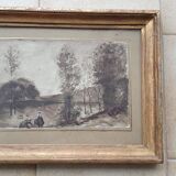 Dessin à l'encre lavis encadré