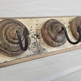 Antique teak coat rack with 3 wrought iron hooks