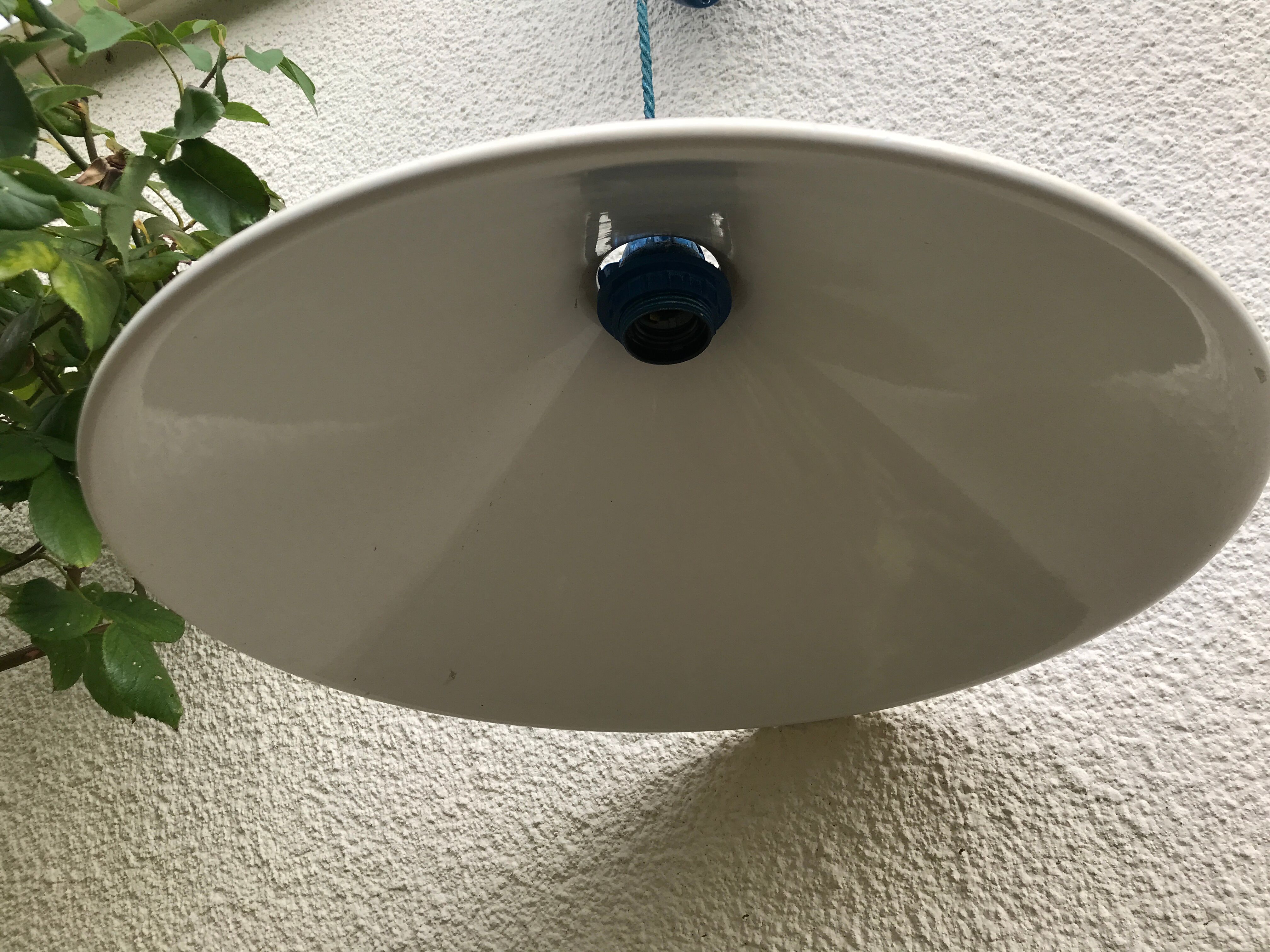 Blue and white painted metal hanging and its mount and drop