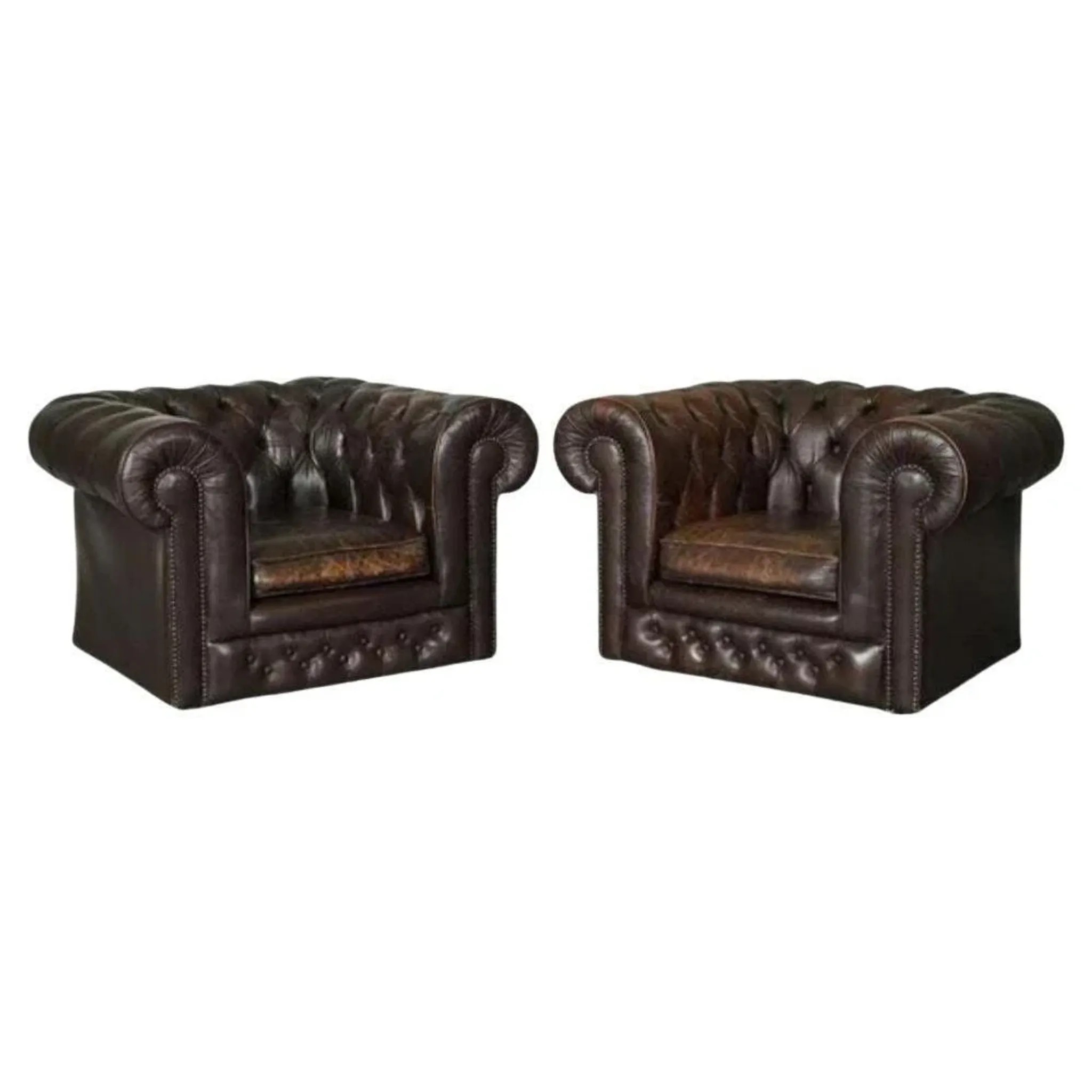 Vintage Brown Leather Chesterfield Club Tub Chairs, Set of 2