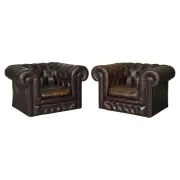 Vintage Brown Leather Chesterfield Club Tub Chairs, Set of 2