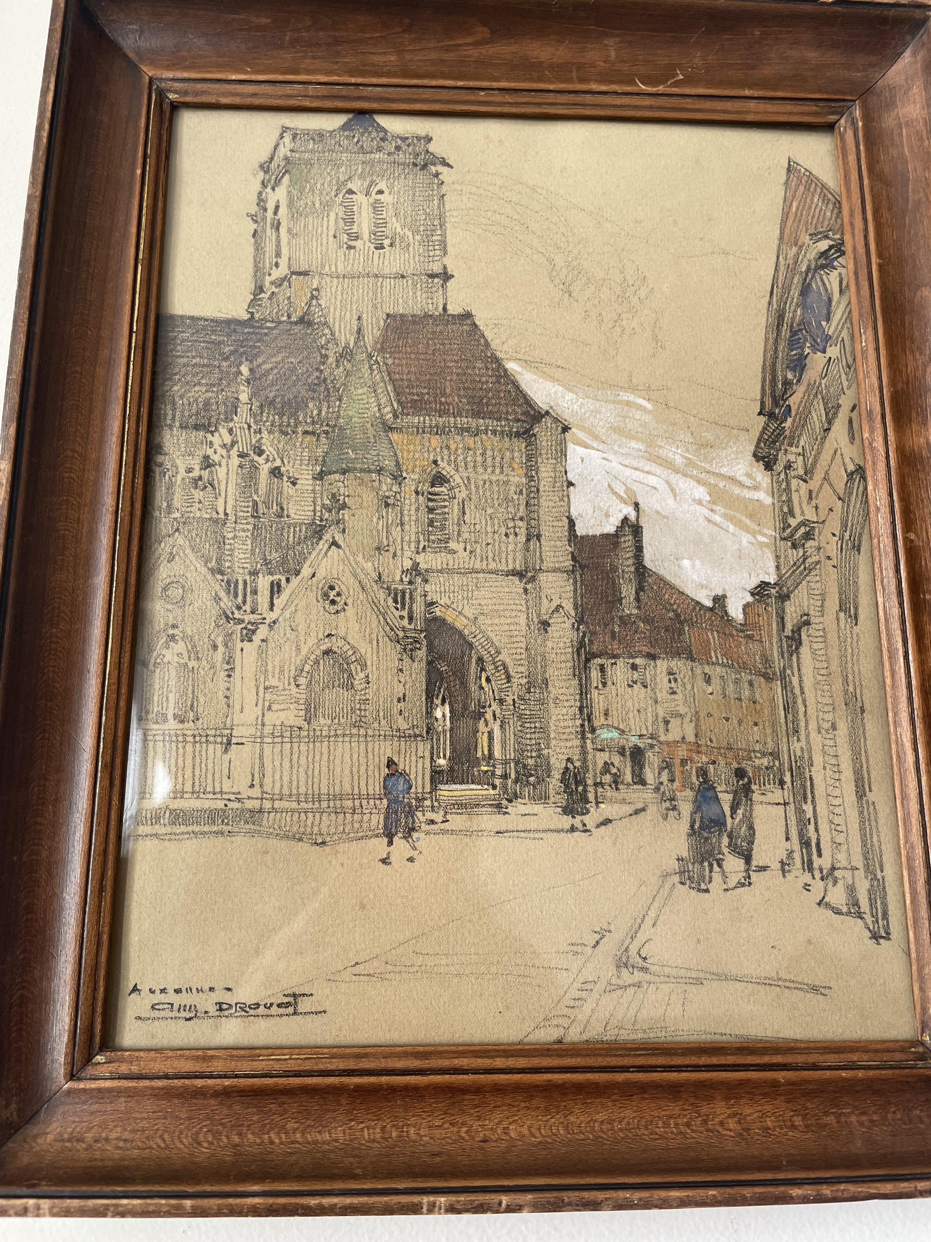 Auguste Drouot (1881- 1955) painting "The cathedral of Auxerre and its surroundings"