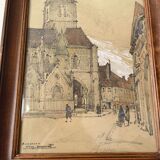 Auguste Drouot (1881- 1955) painting "The cathedral of Auxerre and its surroundings"