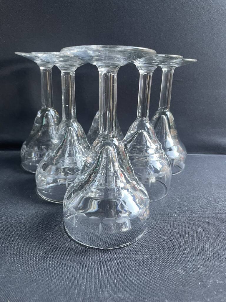 6 old blown and cut bistro glasses