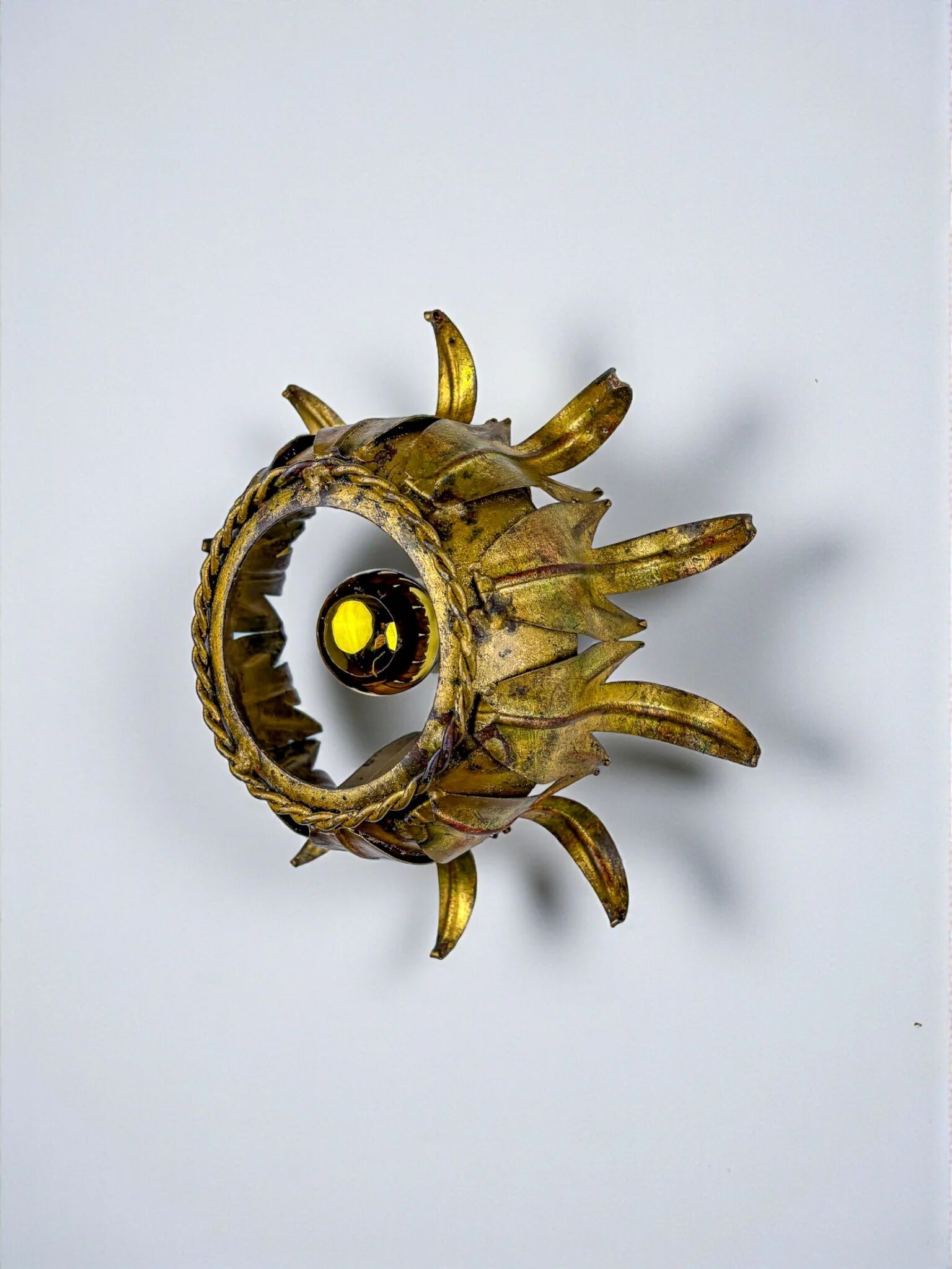 Sunburst ceiling light fixture or sconce in gilt wrought iron, Spain, 1960s