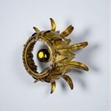 Sunburst ceiling light fixture or sconce in gilt wrought iron, Spain, 1960s