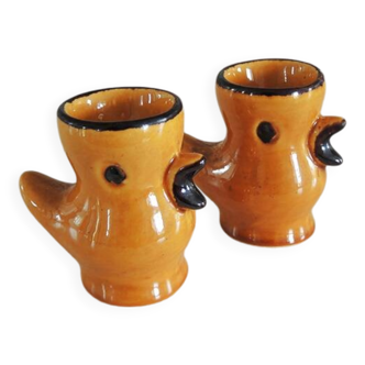 2 Antique Brown Ceramic Chick Egg Cups