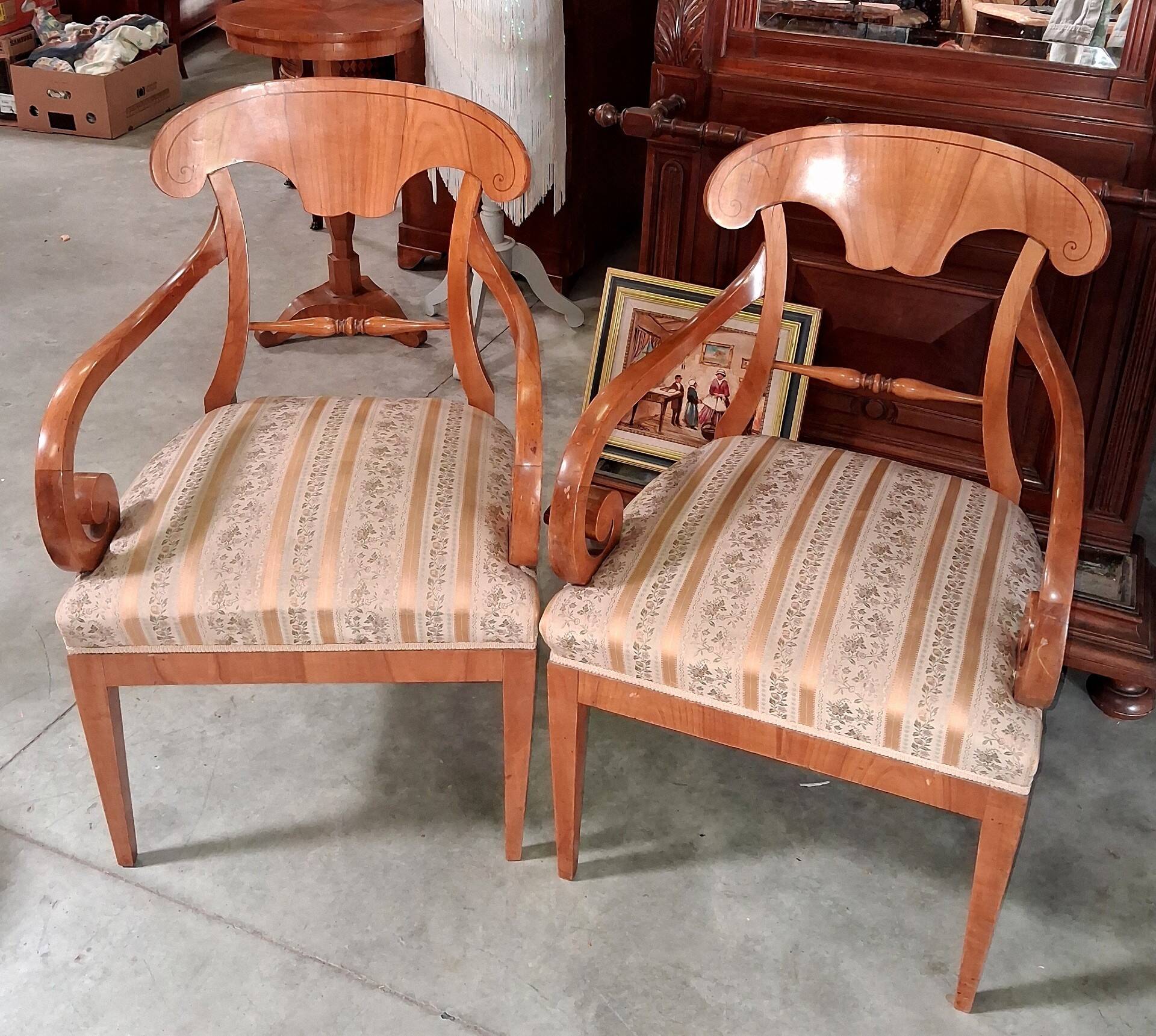Pair of Biedermeier armchairs in light wood – 19th century
