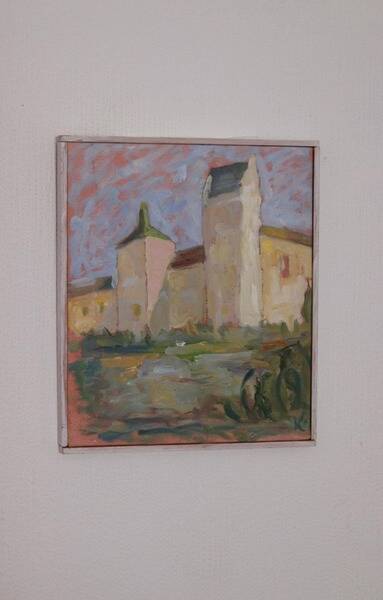 Original Swedish oil on canvas – “Castle” by Karen Heggestad – dated 2002 – vintage & framed – 28 × 33 cm (11.0" × 13.0")
