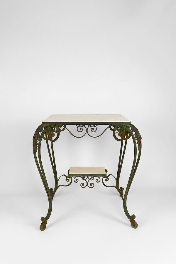 Desserte roulante art déco en fer forgé et travertin, france, 1940s