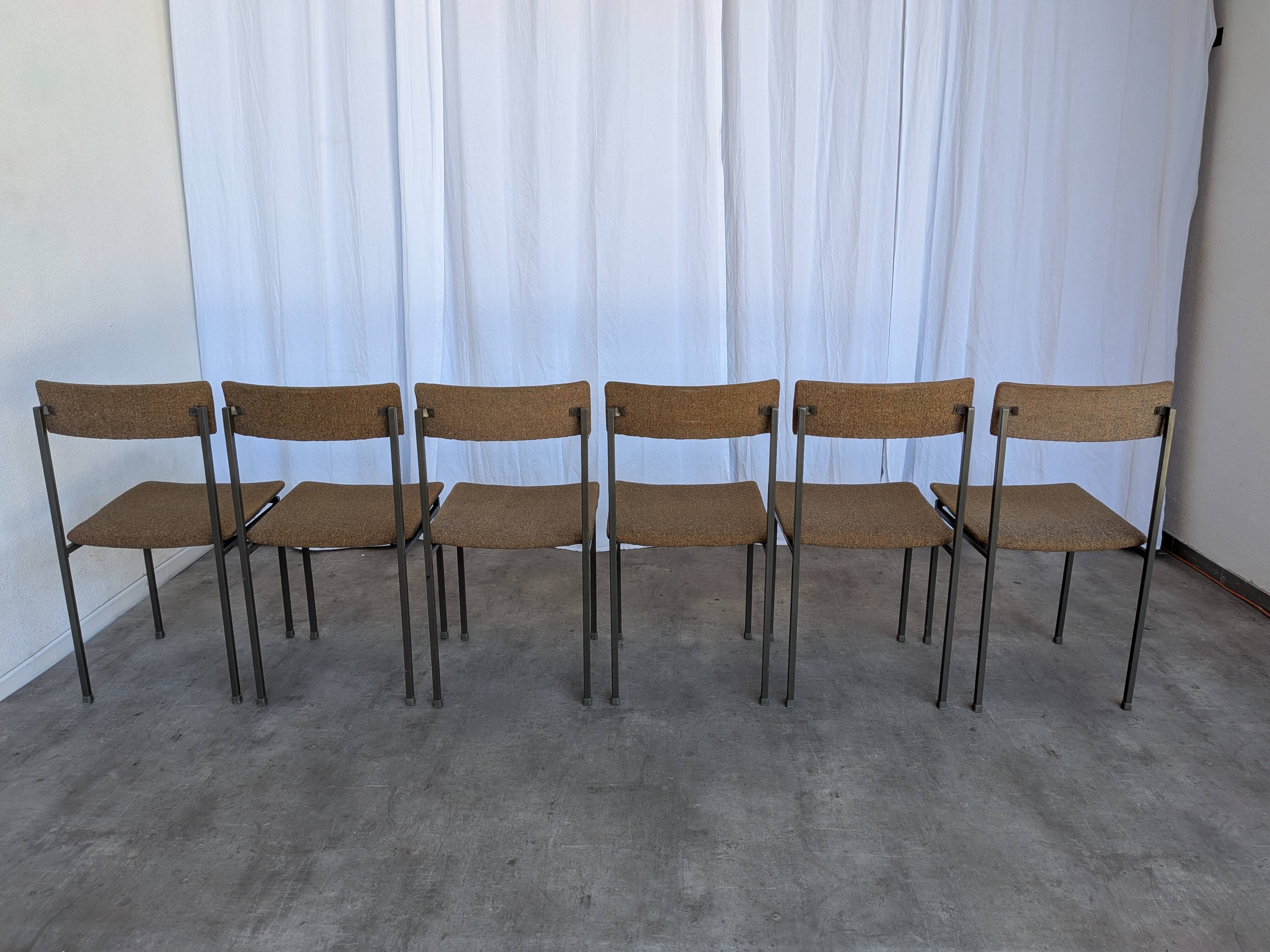 Set of 6 Vintage Industrial School Chairs: Brown Fabric, Black Metal Base