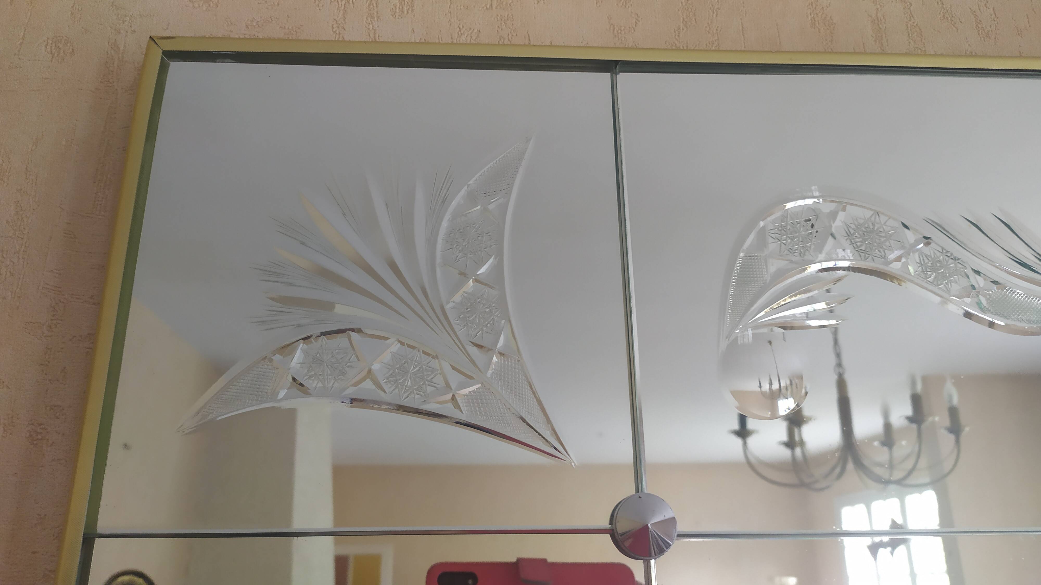 Panoramic mirror with etched parcloses in Art Deco style.