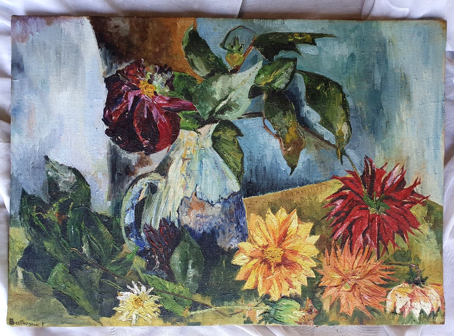 Old painting jug and summer flowers signed.