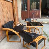 Mid-century leather sofa, 2 fotels, and table in sett