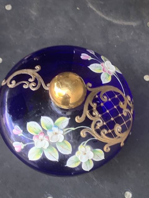 Perfume bottles, in hand-painted blue Bohemian crystal, antique.
