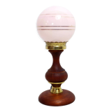 Teak table lamp and pink glass