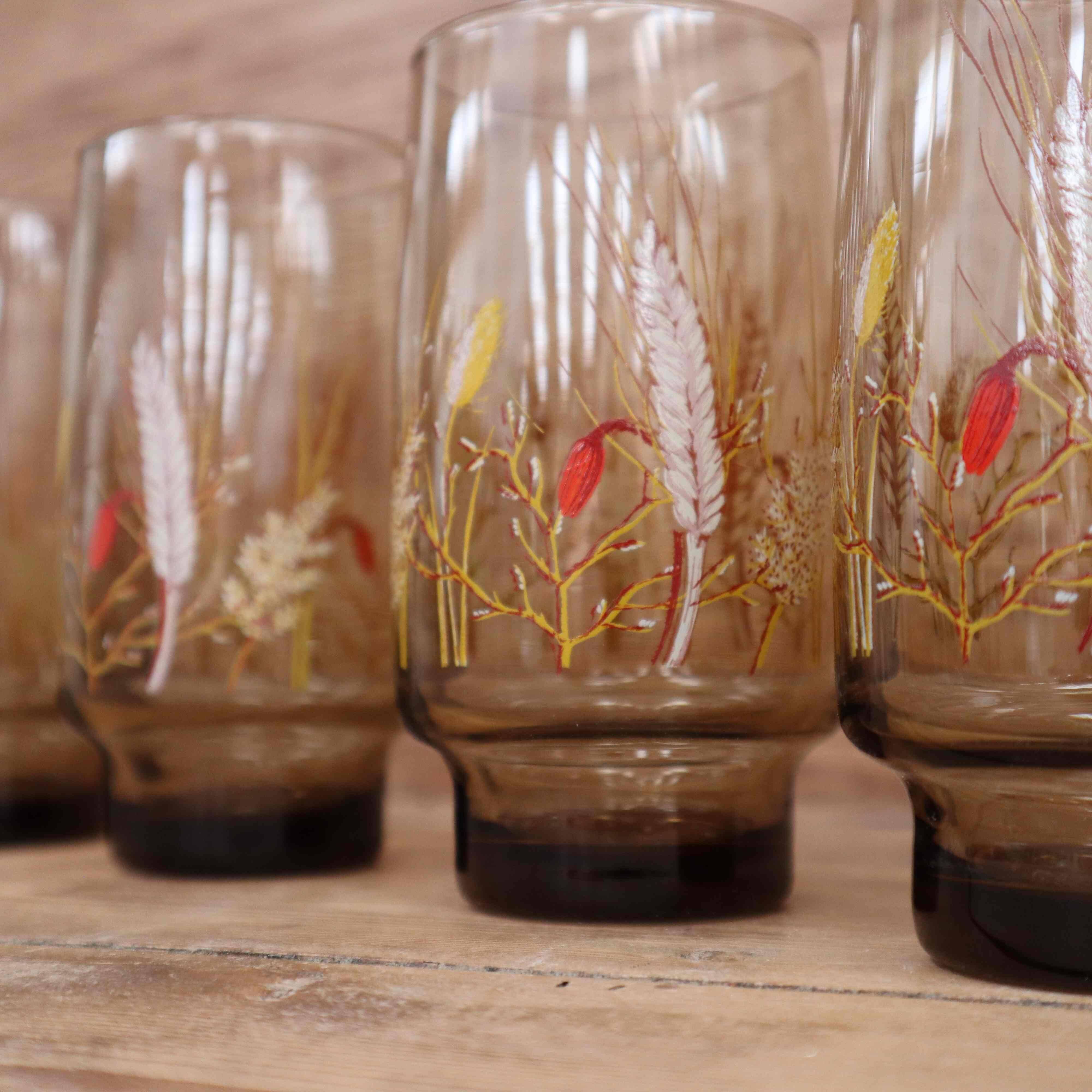 Set of 6 smoked orangeade glasses with wheat ear decoration Arcoroc