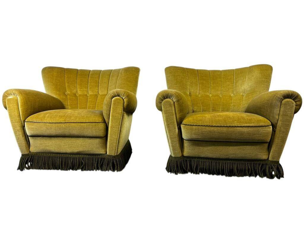 Set de 2 fauteuils vintage verts avec franges