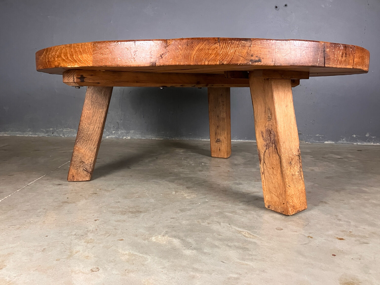 Brutalist oak coffee table thee legs