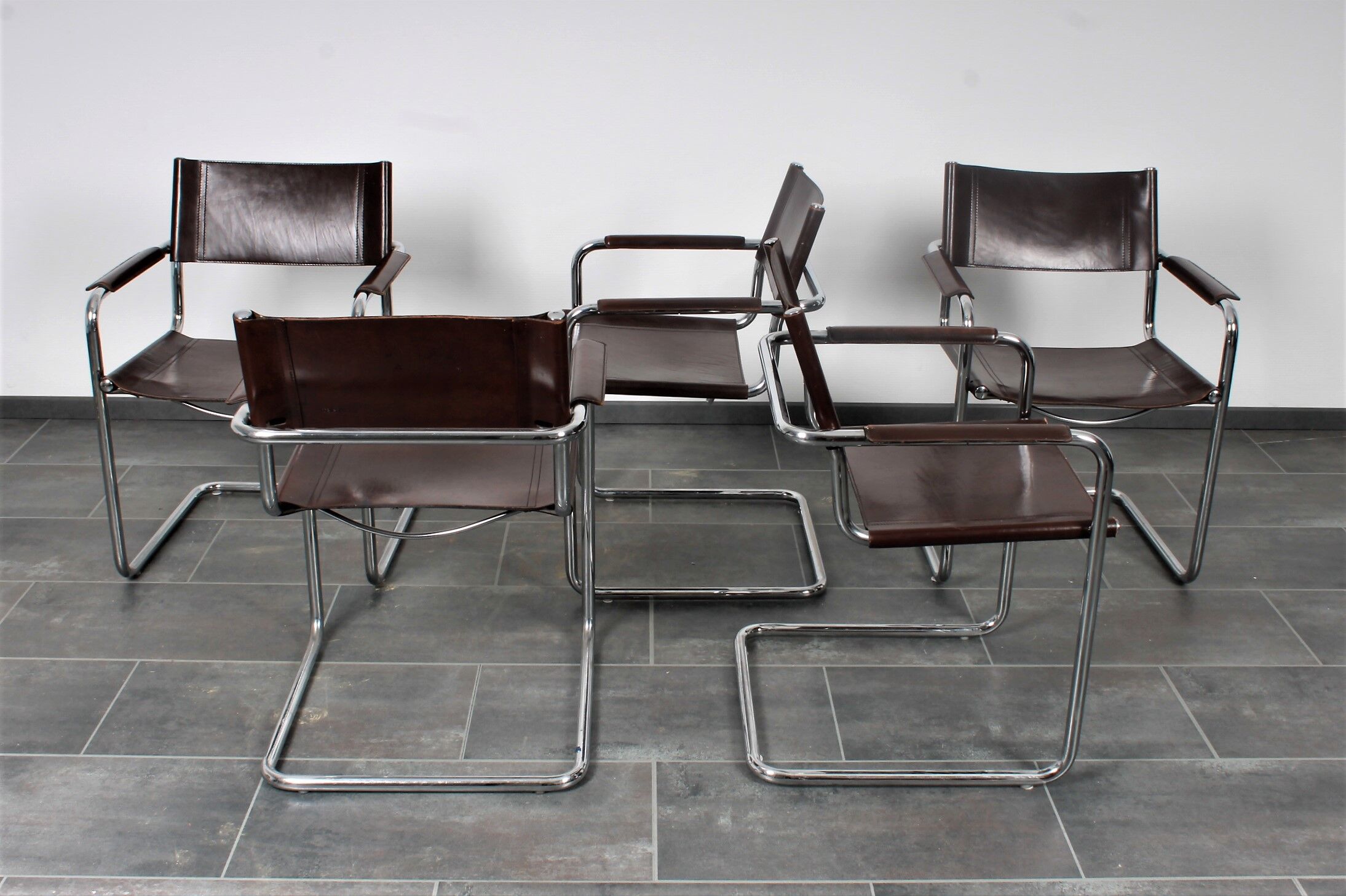 Set of 5 Cantilever MG5 chairs by Matteo Grassi in brown leather