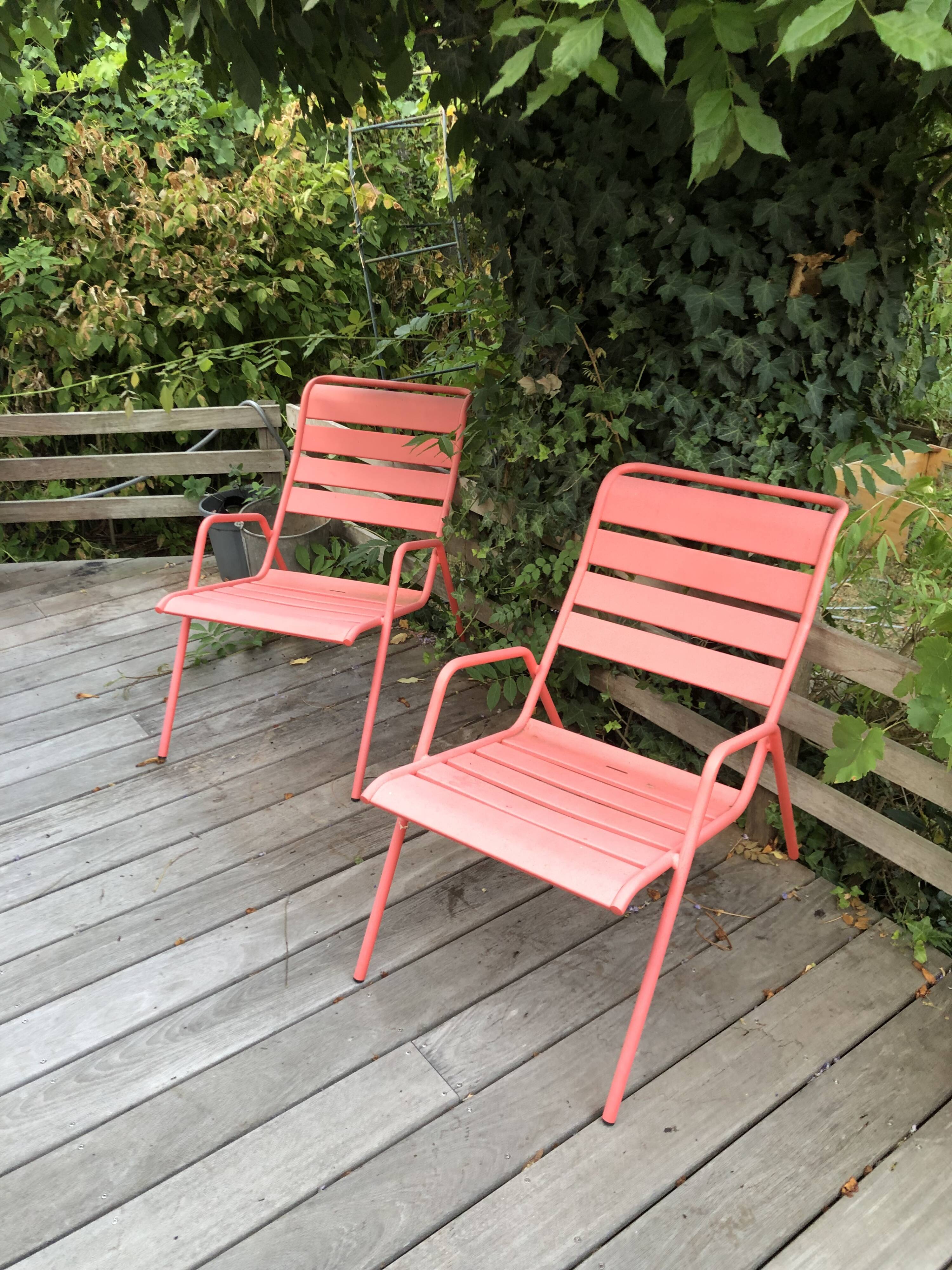 Set of 2 low armchairs Fermob model Monceau in capucine colour.