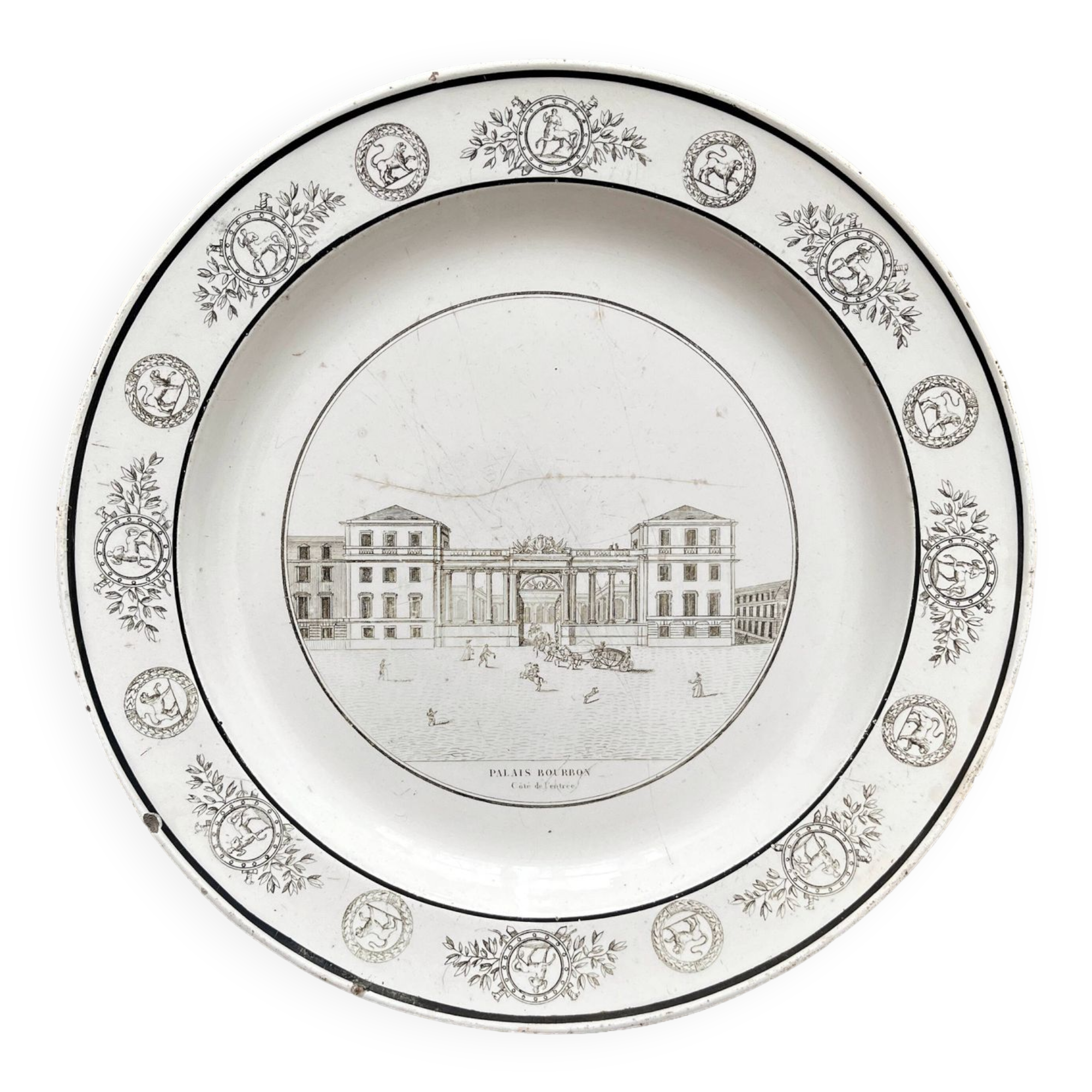 Antique fine earthenware plate "Palais Bourbon" Creil, early 19th century