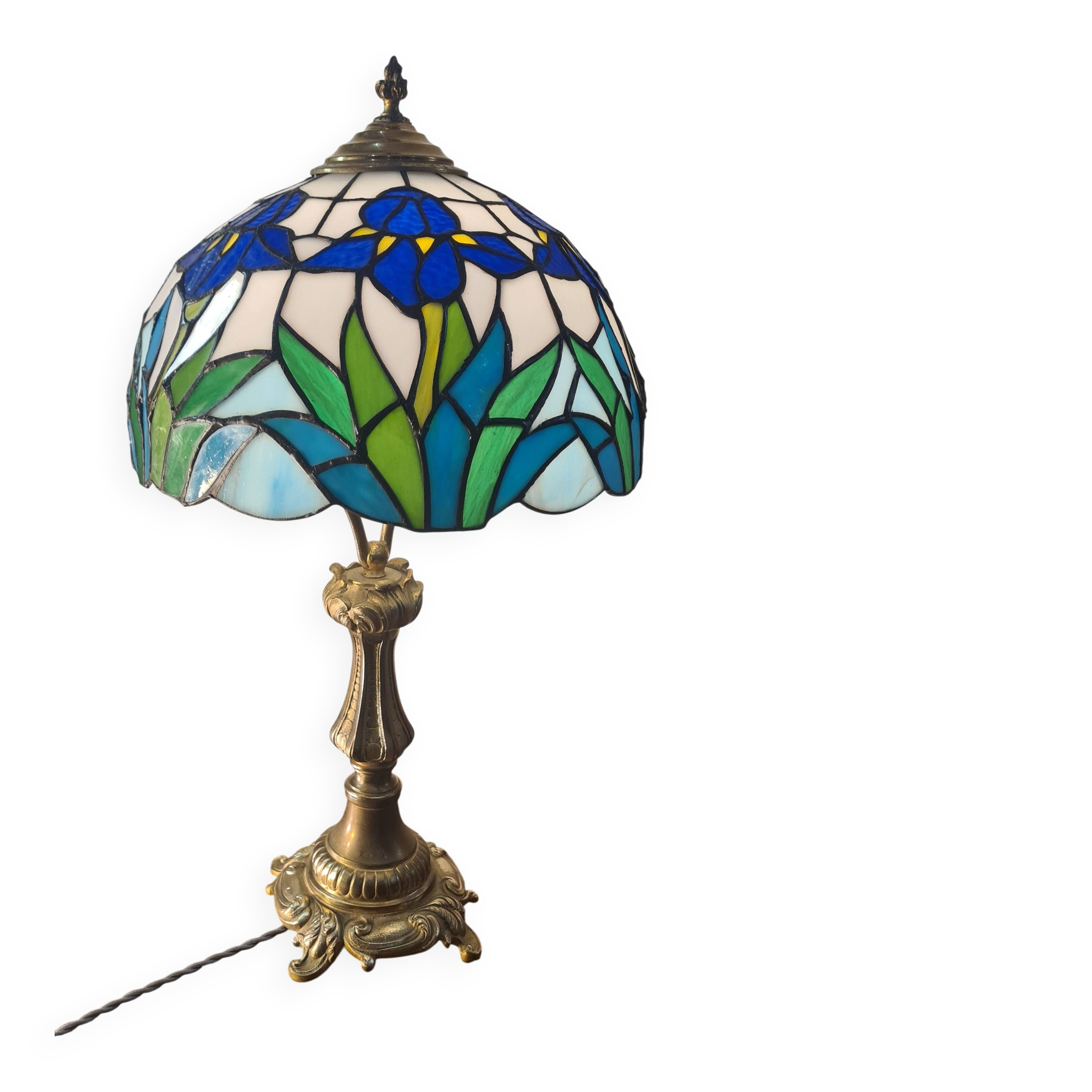 antique bronze floor lamp from the 19th century in superb condition with a beautiful iris glass shade