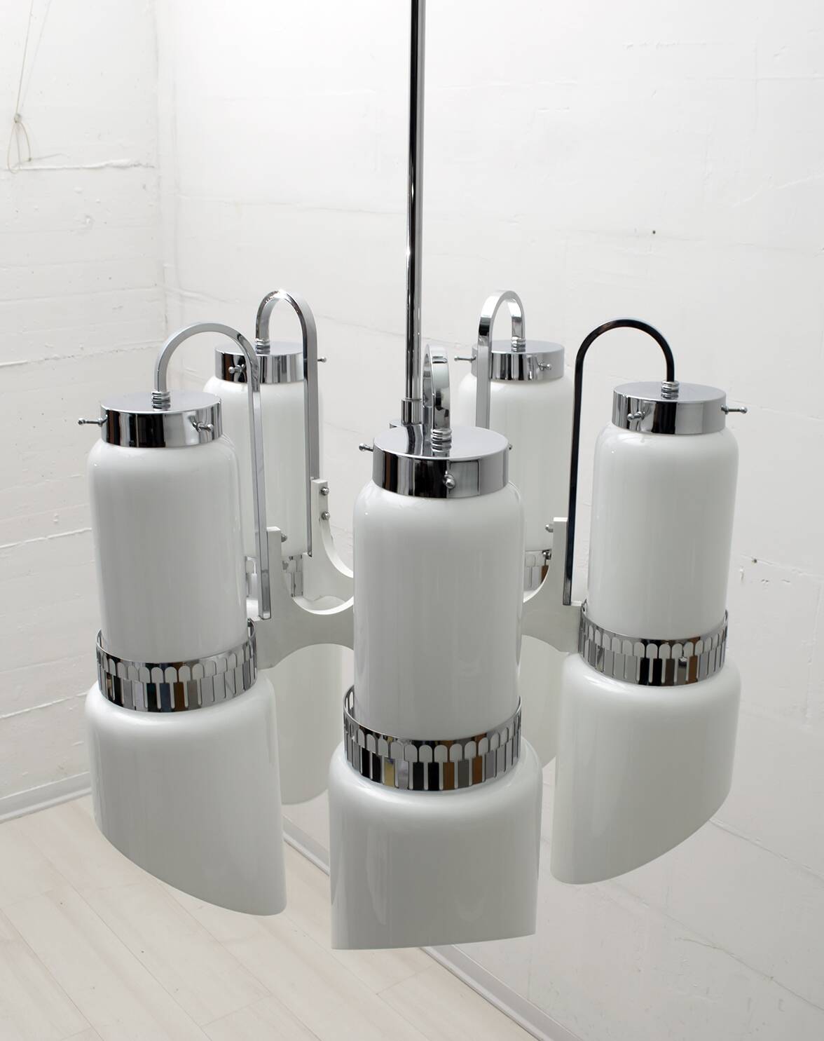 Vistosi Midcentury Italian Murano Glass and Steel "Incamiciato" Chandelier