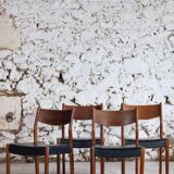 4 Scandinavian Fristho Franeker chairs in teak and faux leather, 1960.