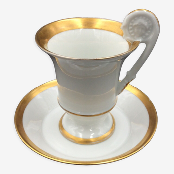 Tasse et soucoupe empire porcelaine tête de femme sur la prise filet doré XIXè