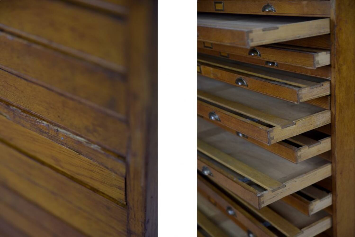 Vintage industrial oak filing cabinet with several drawers, 1930s.