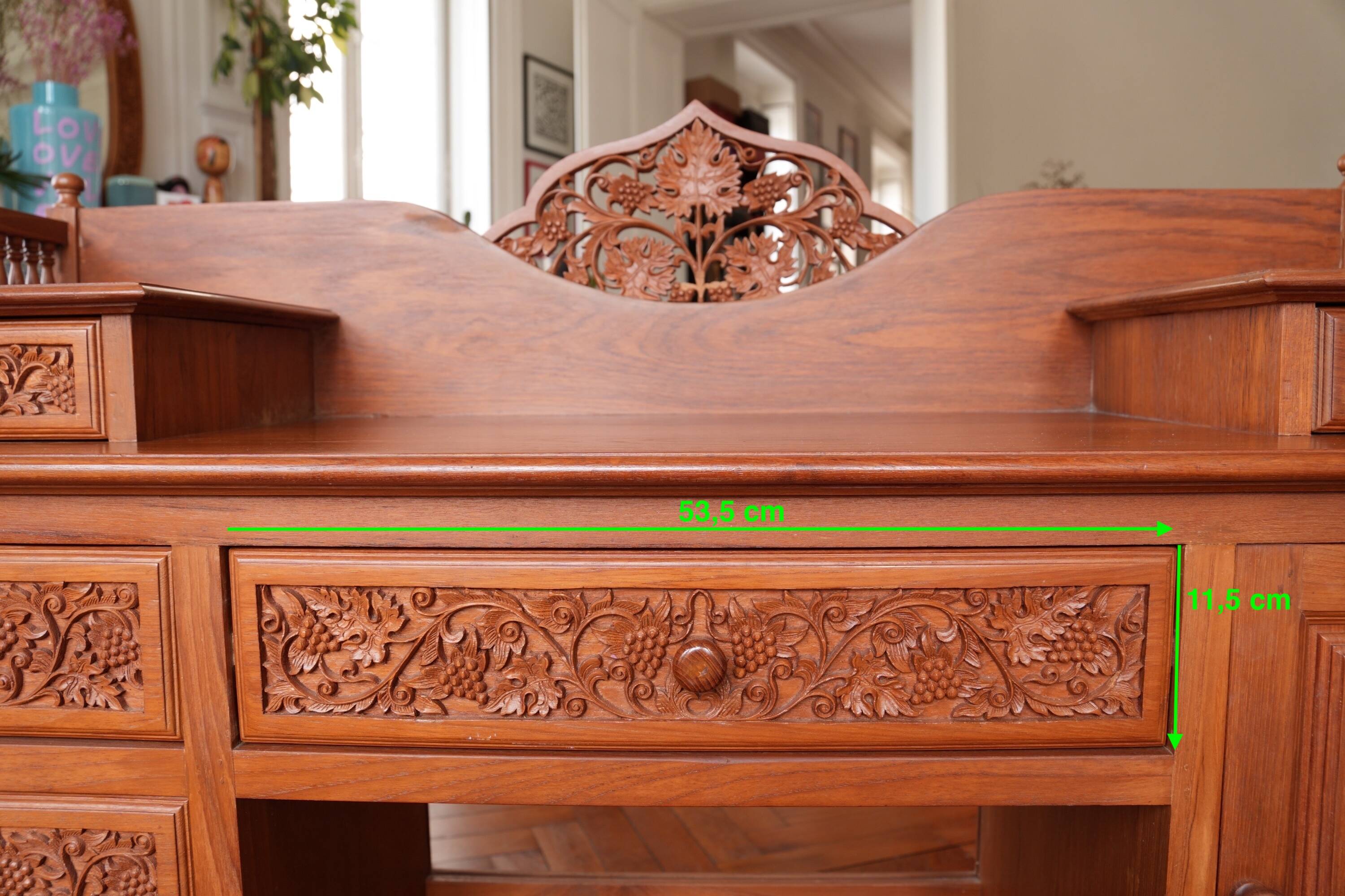 Vintage Vanity Desk, unique hand carved, Chiang Mai teak wood